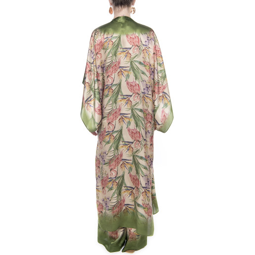 Light kimono, 100% silk, Tropical Breeze green border print
