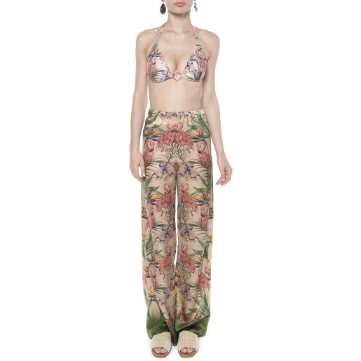 Pantalon lung Tropical Breeze, matase naturala 100%, bordura verde