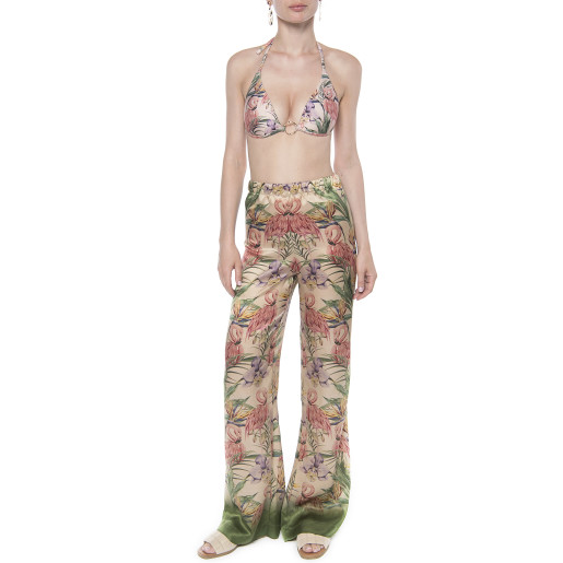 Pantalon lung Tropical Breeze, matase naturala 100%, bordura verde