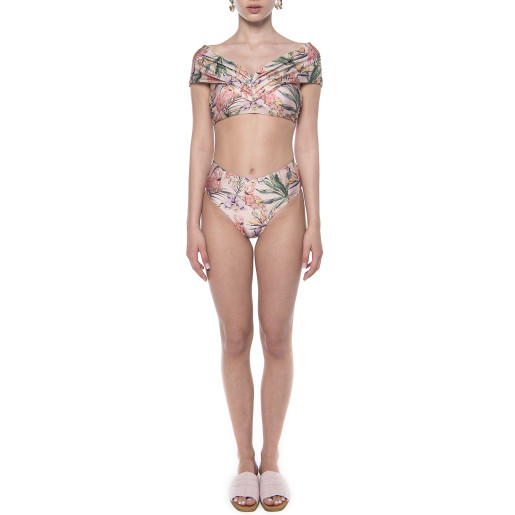 Costum baie 2 piese Tropical Breeze, bustiera volan umar si slip brazilian talie semi-inalta