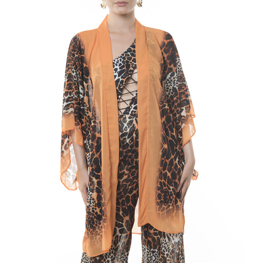 Kimono mini deschis Wild Mood, bordura aurie, voal transparent