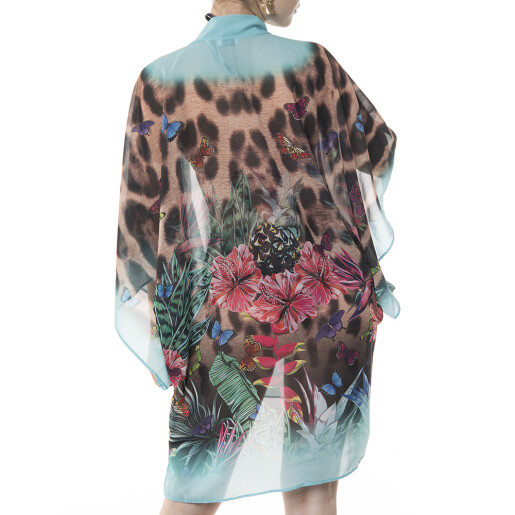 Kimono mini deschis Jungle Vibe, bordura turquoise, voal transparent