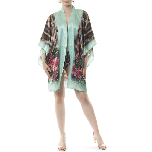 Kimono mini deschis Jungle Vibe, bordura turquoise, matase naturala 100%