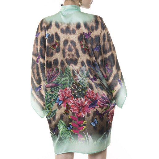 Kimono mini deschis Jungle Vibe, bordura turquoise, matase naturala 100%