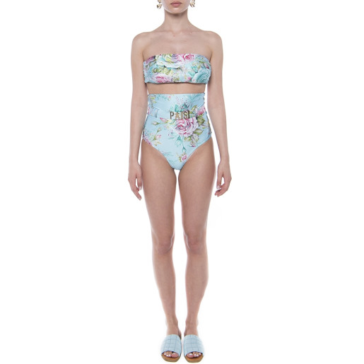 Costum baie 2 piese Dreamy Gardene, sutien bandana si slip brazilian talie inalta logo PAISI