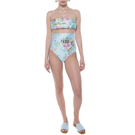 Costum baie 2 piese Dreamy Gardene, sutien bandana si slip brazilian talie inalta logo PAISI