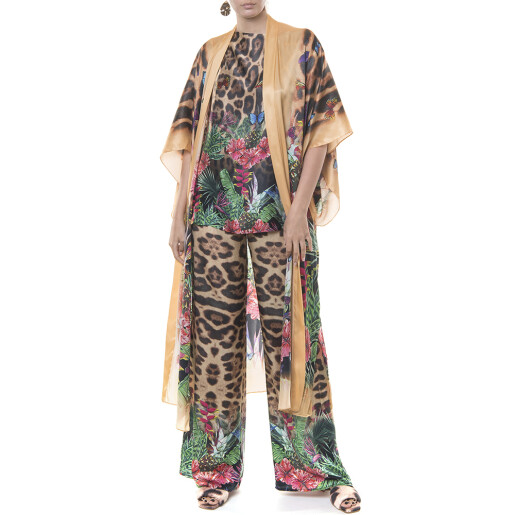 Set 3 piese Jungle Vibe, matase naturala 100% (pantaloni lungi + bluza + Kimono deschis lung)