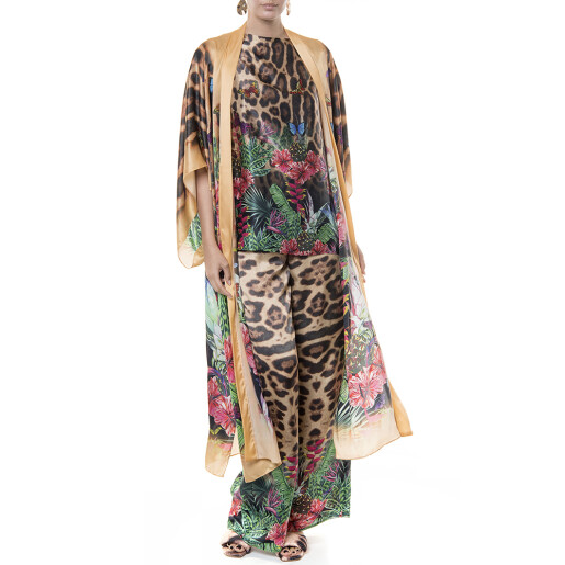 Set 3 piese Jungle Vibe, matase naturala 100% (pantaloni lungi + bluza + Kimono deschis lung)