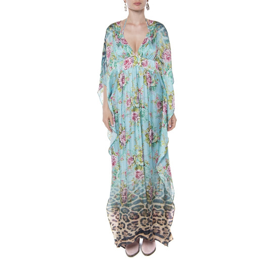 Caftan tip fluture, matase naturala 100%, imprimeu Dreamy garden 