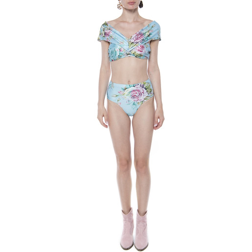 Costum baie 2 piese Dreamy garden, sutien bustiera volan umar si slip brazilian semitalie