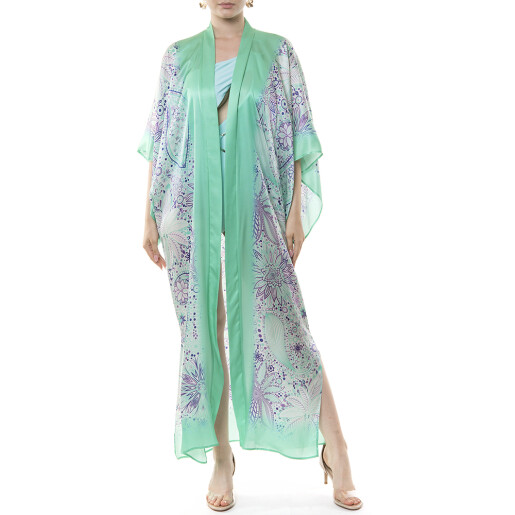 Kimono deschis Paisley Aqua, matase naturala 100%