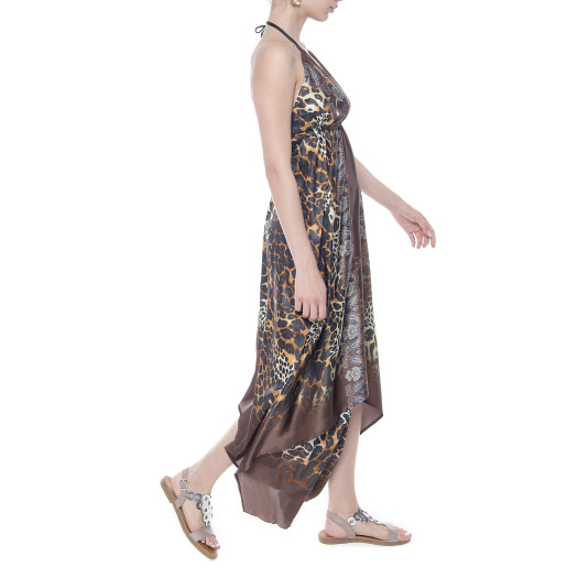 Rochie asimetrica, matase 100%, imprimeu Wild Mood, bordura maro