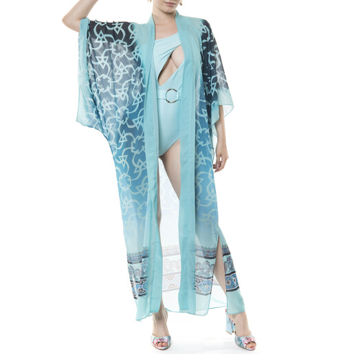 Kimono deschis Geometric Jewel Aqua, voal