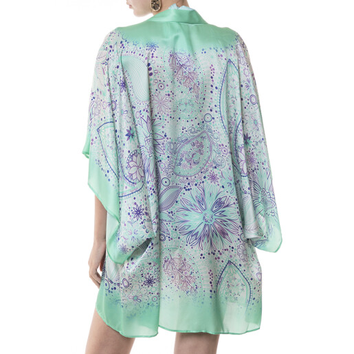Kimono scurt matase naturala 100%, Paisley Aqua