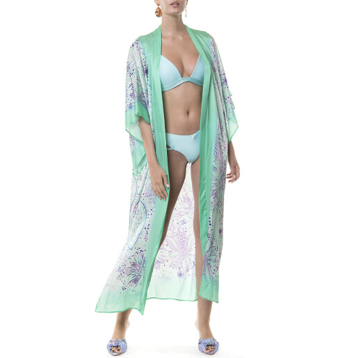 Kimono lung deschis matase naturala 100%, Paisley Aqua