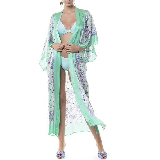 Kimono lung deschis matase naturala 100%, Paisley Aqua