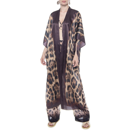 Kimono deschis, matase naturala 100%, imprimeu Feline Moves, bordura maro