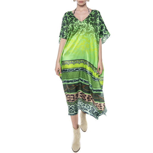 Caftan lung, decolteu V, matase 100%, imprimeu Green Jewel