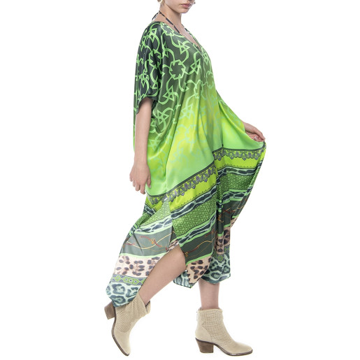 Caftan lung, decolteu V, matase 100%, imprimeu Green Jewel