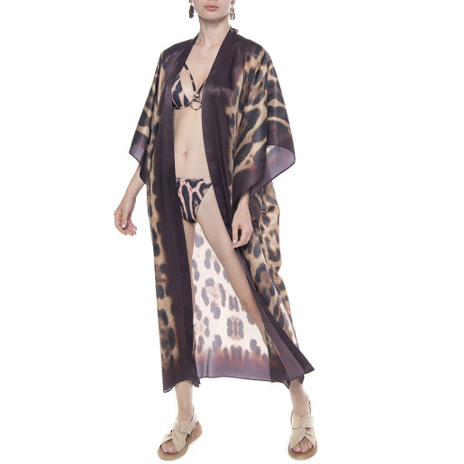 Kimono deschis, matase naturala 100%, imprimeu Feline Moves, bordura maro