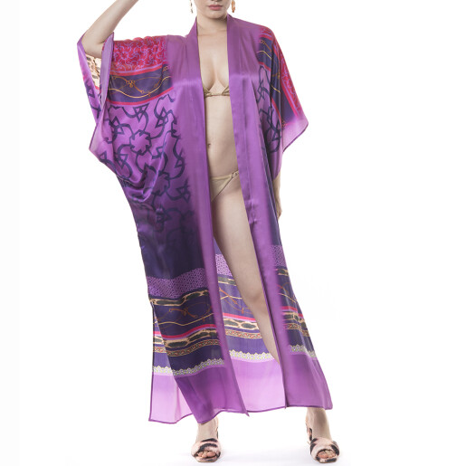 Kimono deschis Geometric Jewel Lilla, matase naturala 100%