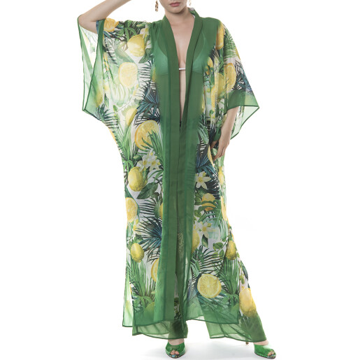 Kimono lung deschis, voal Sweet Lemonade bordura verde