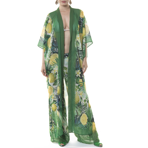 Kimono lung deschis, voal Sweet Lemonade bordura verde