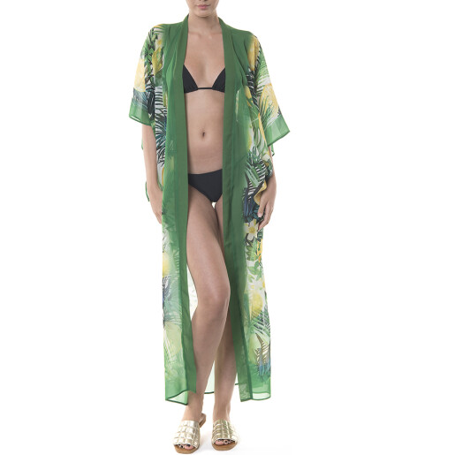 Kimono lung deschis, voal Sweet Lemonade bordura verde