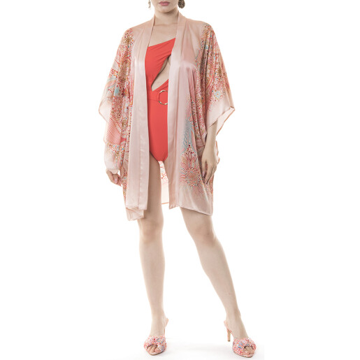 Kimono mini deschis Paisley Cipria, matase naturala 100%