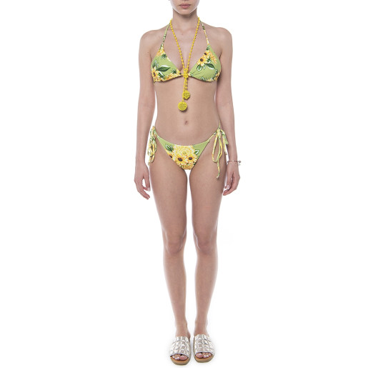 Costum baie 2 piese Sun Flower Bloom, sutien triunghi reglabil, slip brazilian talie joasa cu snur