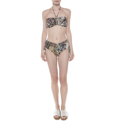 Costum baie 2 piese Mix Print, sutien bandana push-up, slip brazilian talie medie reglabil cu snur