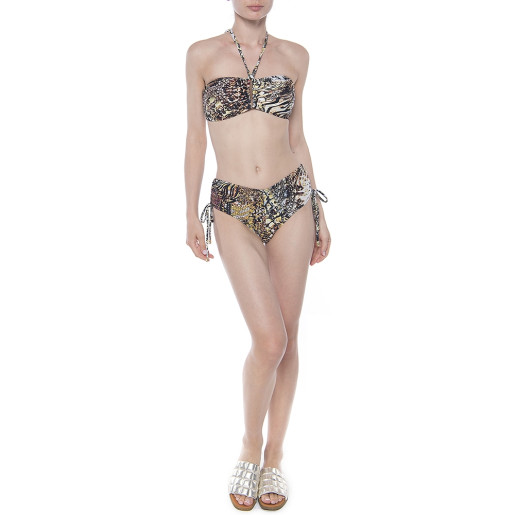 Costum baie 2 piese Mix Print, sutien bandana push-up, slip brazilian talie medie reglabil cu snur