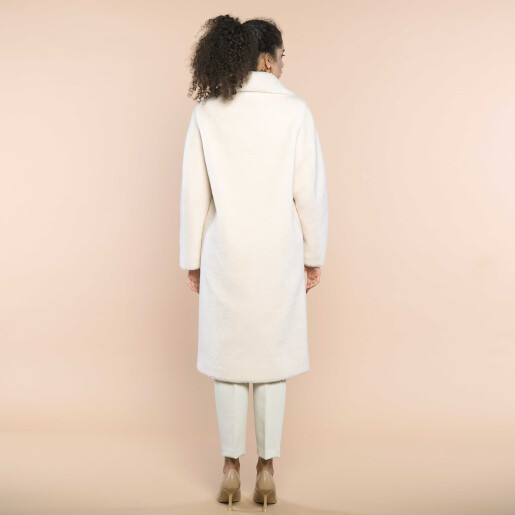 Palton rever dublu, blana naturala miel Australian tip lana, off white, 100cm