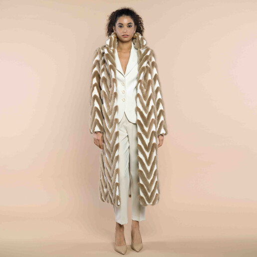 Palton blana naturala vizon, beige & white, 107cm