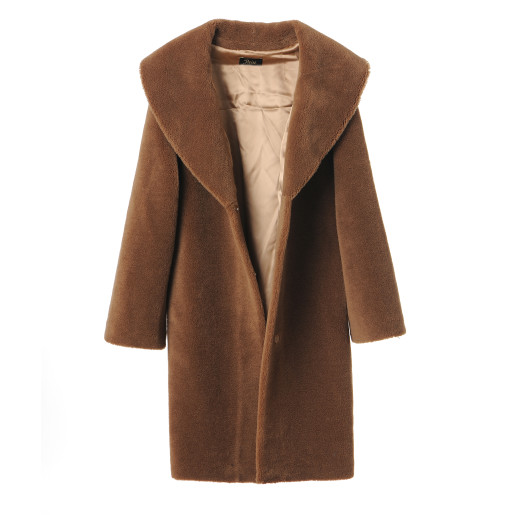 Palton shearling tip lana, guler sal, camel, 100cm