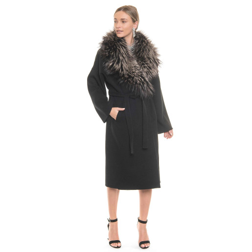 Palton dublu casmir si lana cu guler amplu de vulpe silver gray, negru