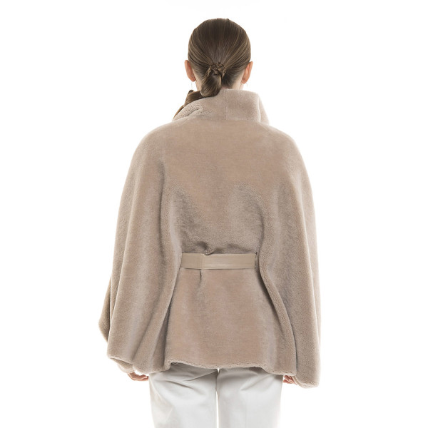 Jachetă tip capa din blană naturală de miel Merinos, blana tip lână, bej, 70 cm