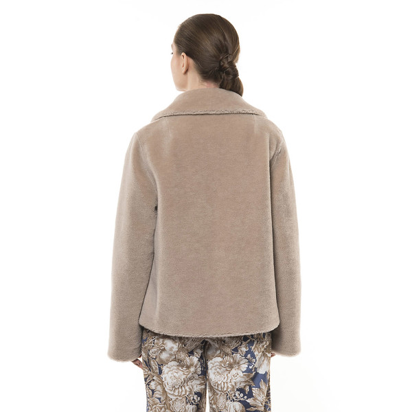 Jachetă  blană naturală de miel Merinos, blana tip lână, bej pastel, 62 cm
