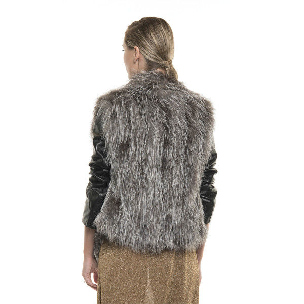 Jachetă de blană naturală de vulpe, tip cartigan, cu mâneci din piele, argintie