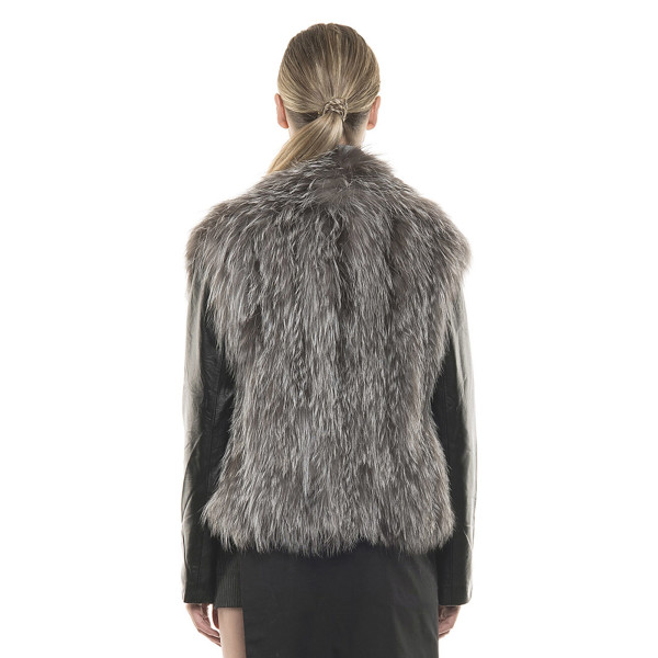 Jachetă de blană naturală de vulpe, mâneci piele, negre, argintie