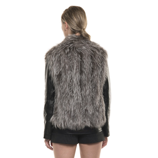 Jachetă de blană naturală de vulpe, cu mâneci de piele, negre, argintie