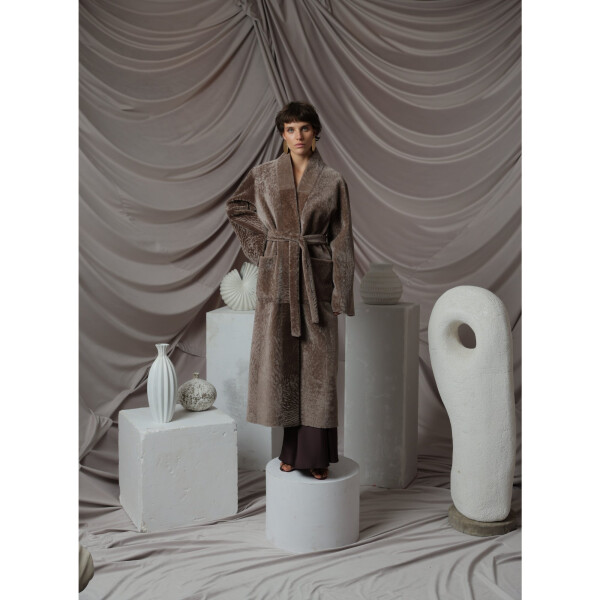 Palton blana miel South African tuns 3D, cordon, taupe, 115cm