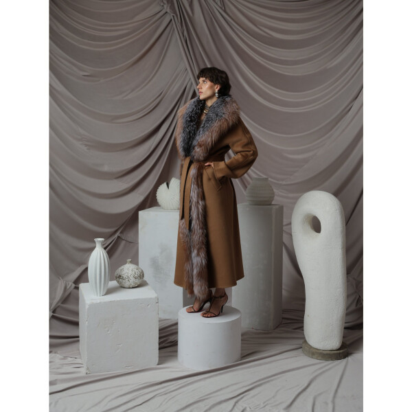 Palton lana cu casmir, guler amplu blana naturala vulpe, maro, 115cm