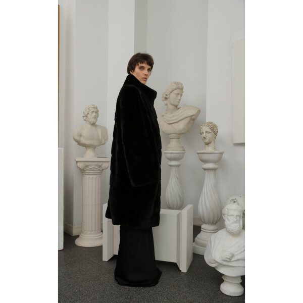 Haina lunga blana naturala vizon, oversized, negru, 100cm
