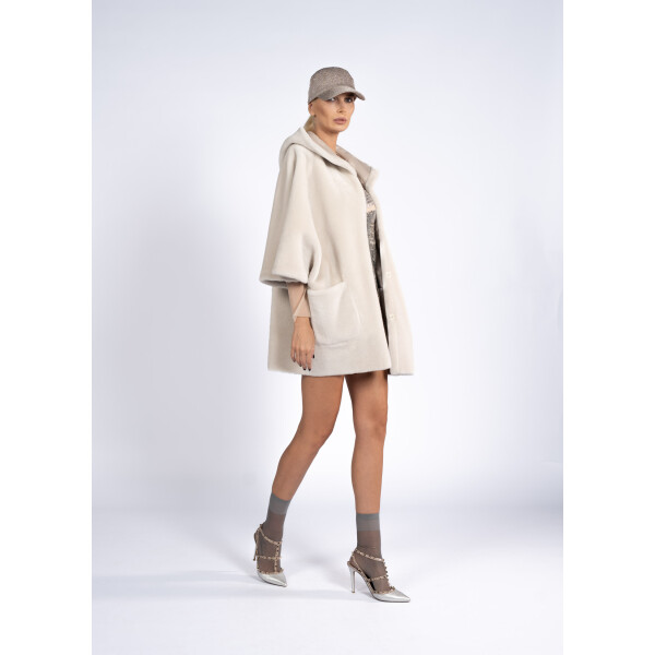 Jacheta reversibila shearling cu gluga, bej, 70cm