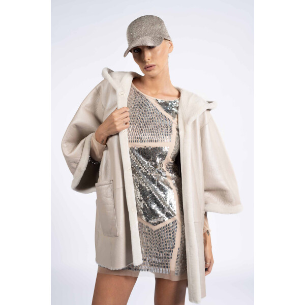 Jacheta shearling reversibila cu gluga, bej, 70cm