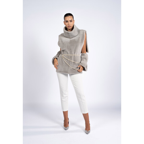 Vesta cu guler inalt si mansete, blana naturala vizon, gri, 60cm