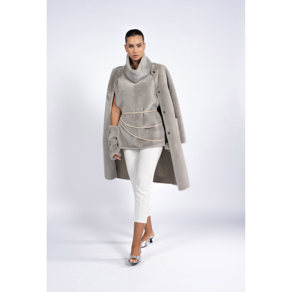 Palton reversibil cu cordon shearling, gri, 80cm