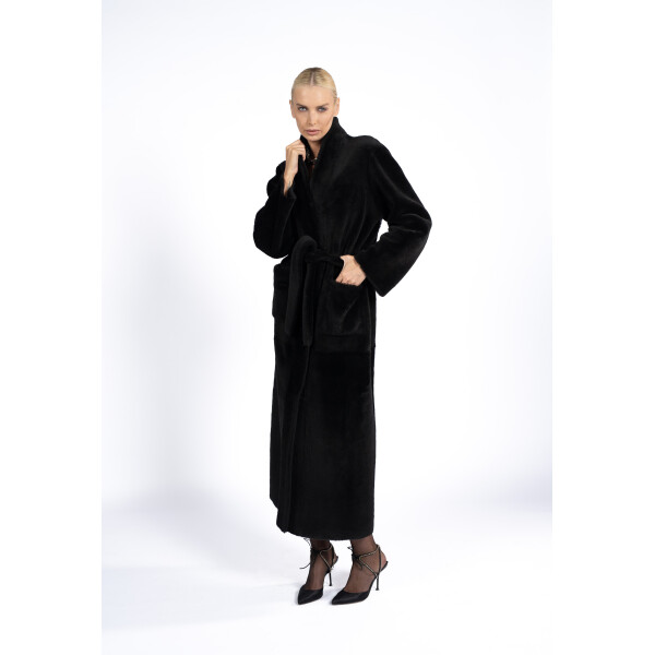Palton shearling cu cordon, reversibil, negru, 120cm