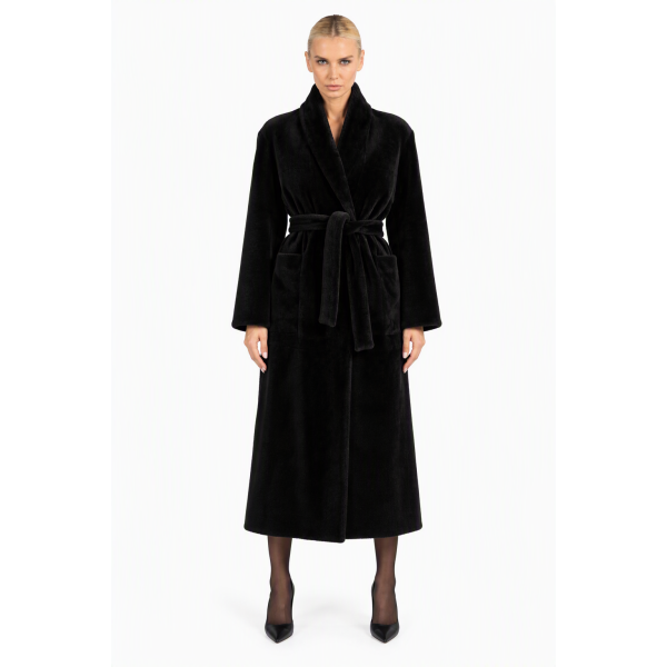 Palton lung shearling reversibil, negru, 120cm